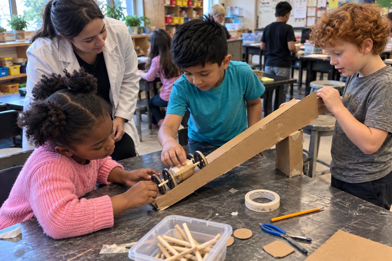 Children investigating a toy car on a cardboard ramp
