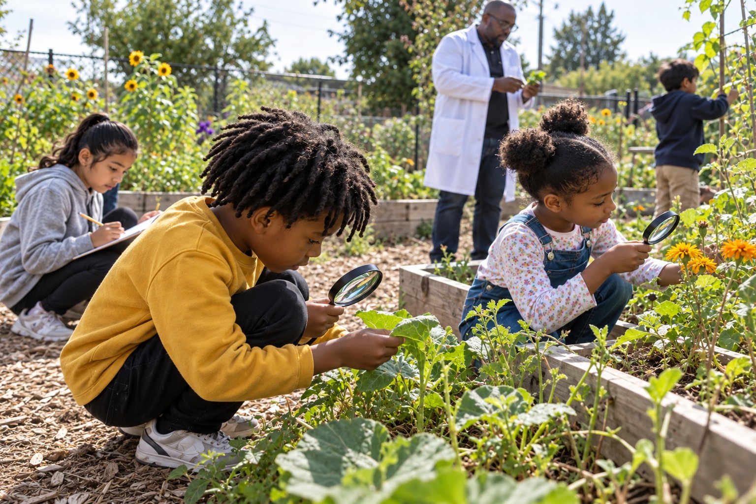 Children examining leaves with magnifiers in a community garden