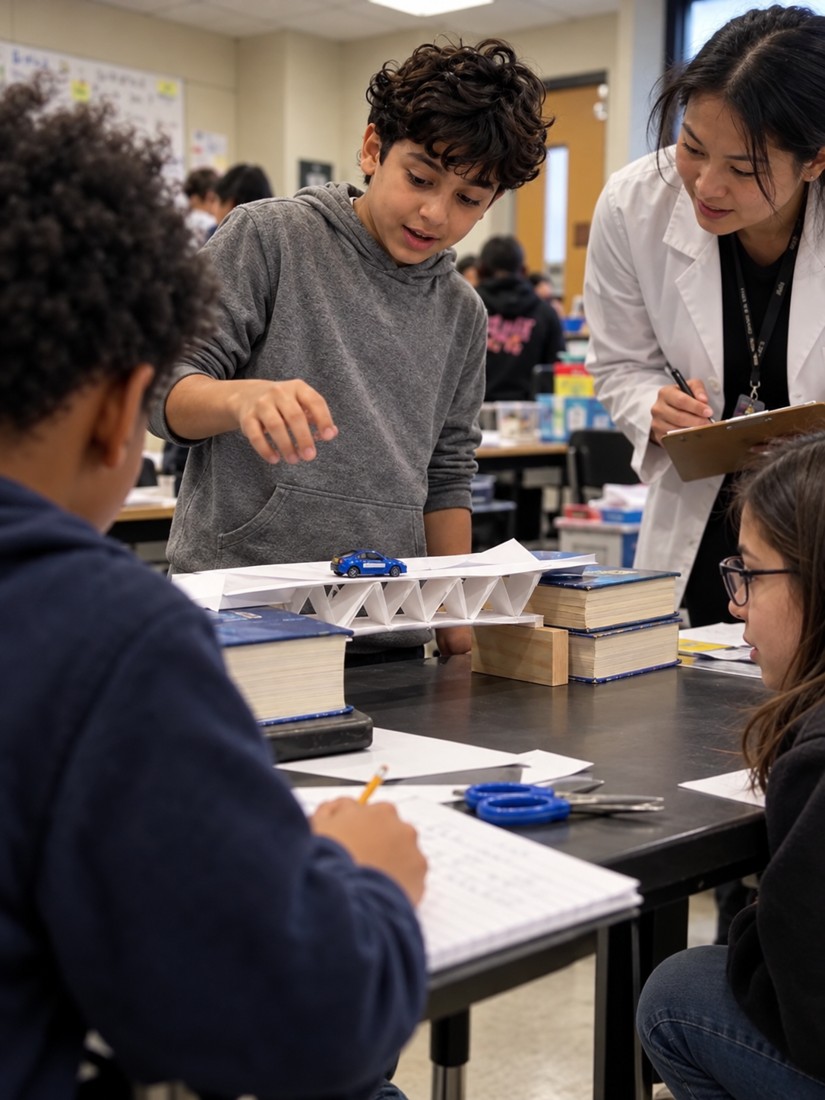 Students testing a paper bridge with a toy car