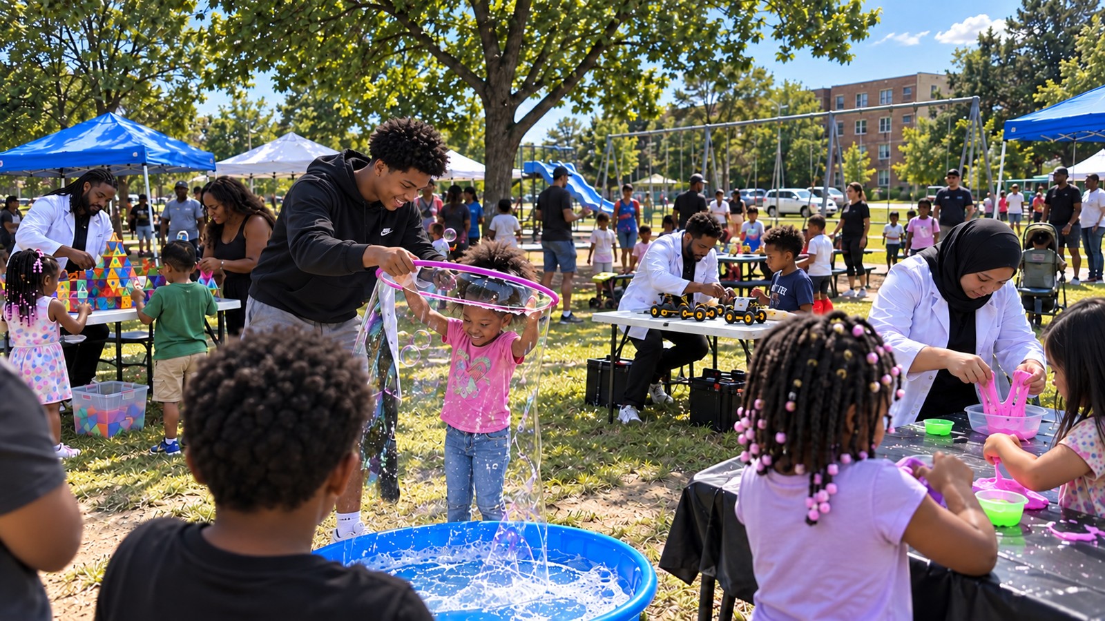 A high school student helping a younger sibling lift a bubble hoop at a Detroit park event with building, robotics, and slime stations