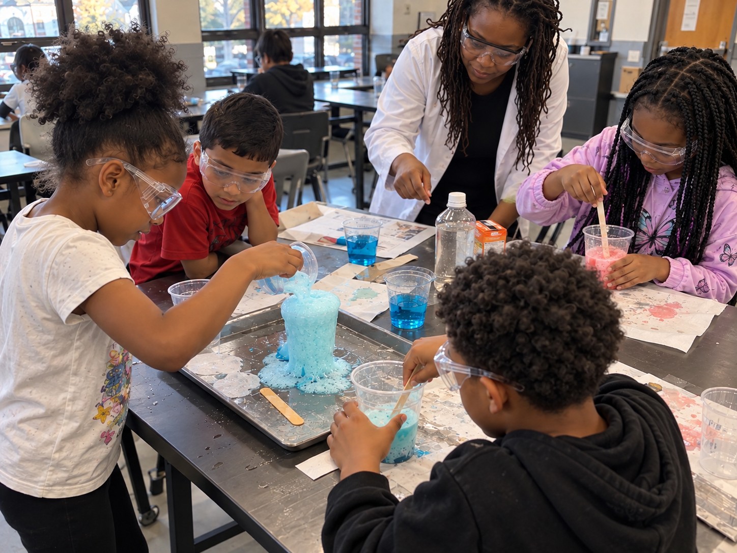 Students wearing goggles and investigating bubbling reactions