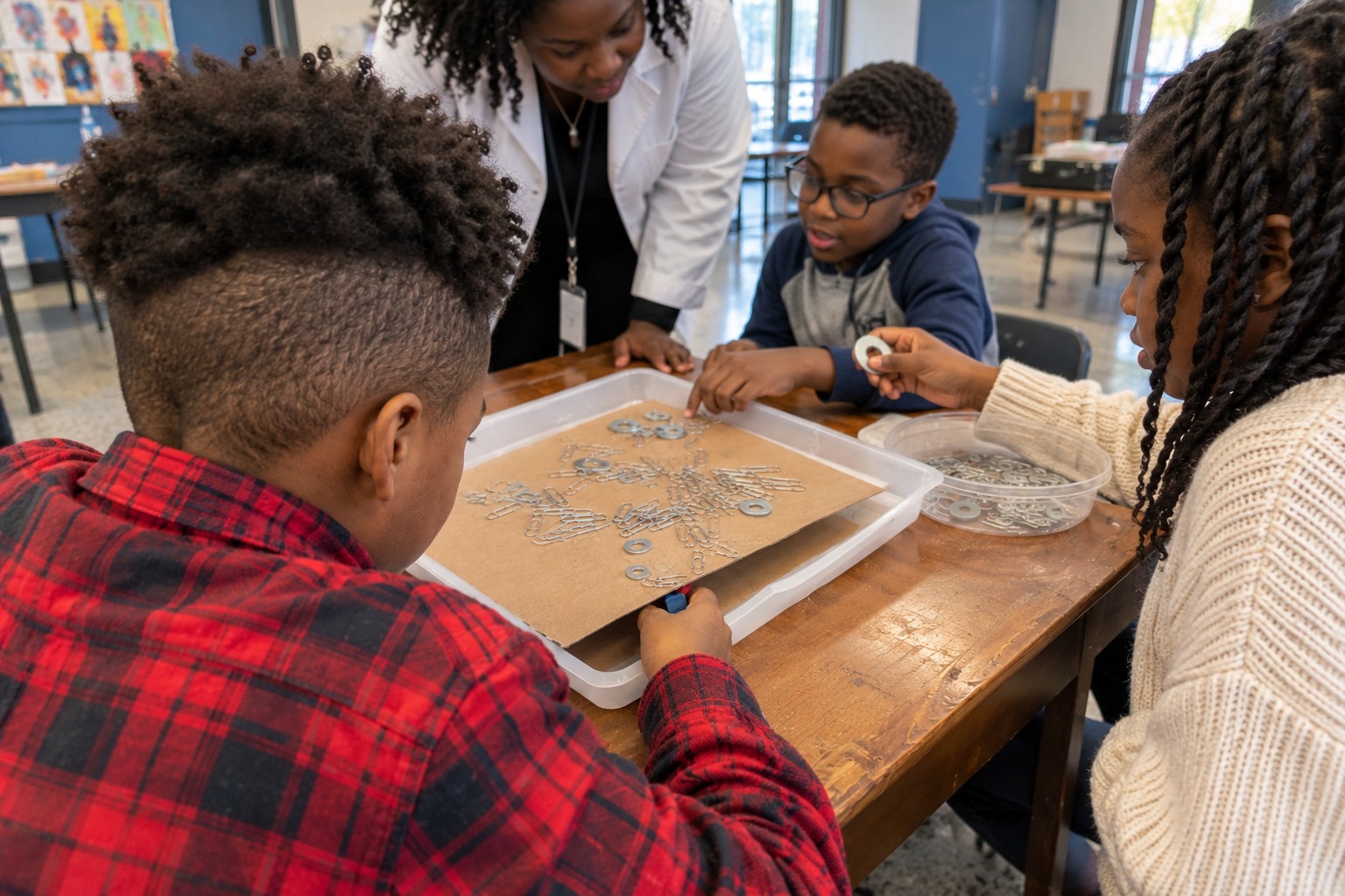 Students testing magnets through cardboard in a community center