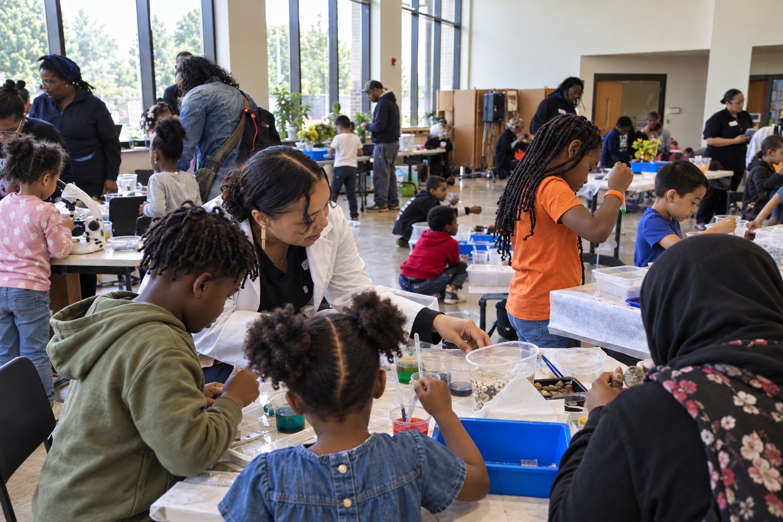Children and families exploring science stations in a community center