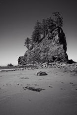 Black-and-white photograph of a sea stack on Second Beach in Olympic National Park, Washington, with sandy shoreline, coastal rocks, and dramatic Pacific Northwest scenery.