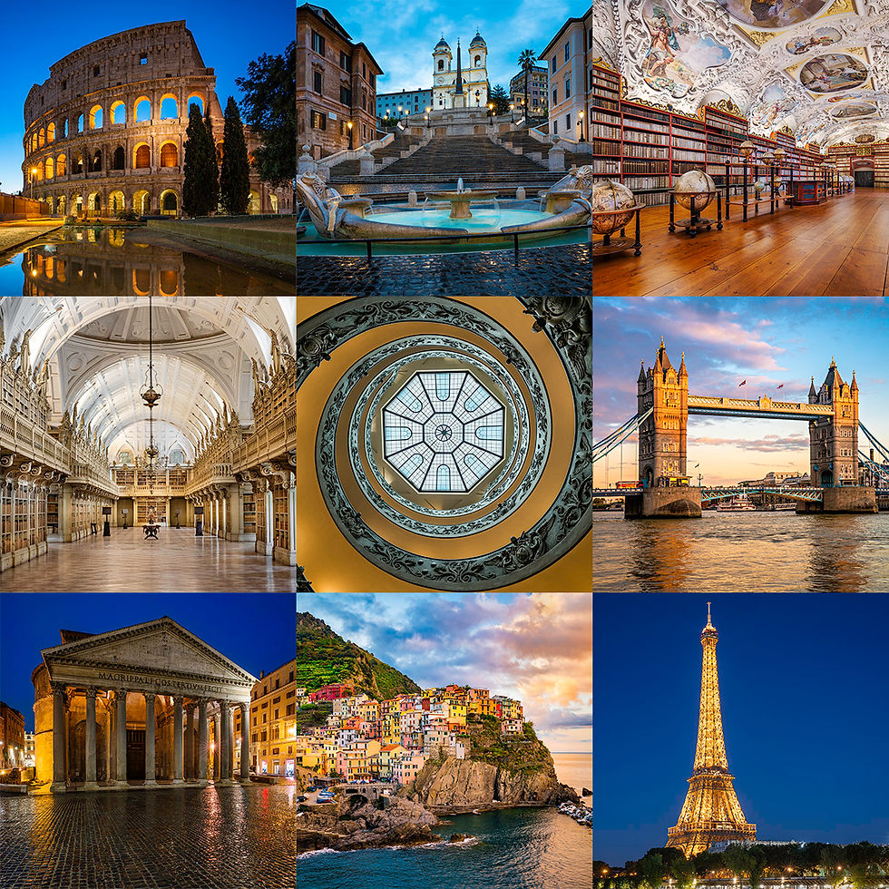 Collage of European travel photography featuring iconic landmarks, historic architecture, libraries, churches, and cityscapes