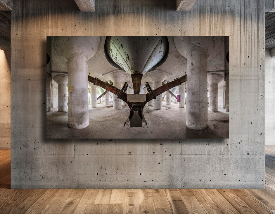 Randy Van Duinen photo of an Interior of an abandoned silo machinery at Silo City in Buffalo, New York hanging in a modern lo