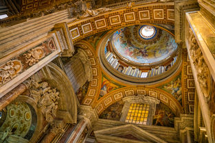Looking up at the interior dome of St. Peter's Basilica in Vatican City, featuring ornate Renaissance architecture, colorful frescoes, marble columns, and richly decorated arches.