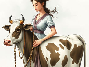 A symbolic, surreal illustration showing a fusion of a woman and a cow as one unified figure, representing shared expectations of motherhood