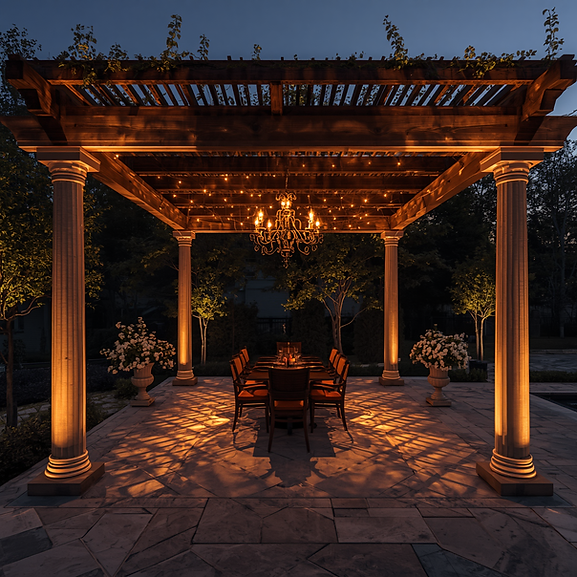professionally installed bistro lighting beneath a high end wood pergola.png