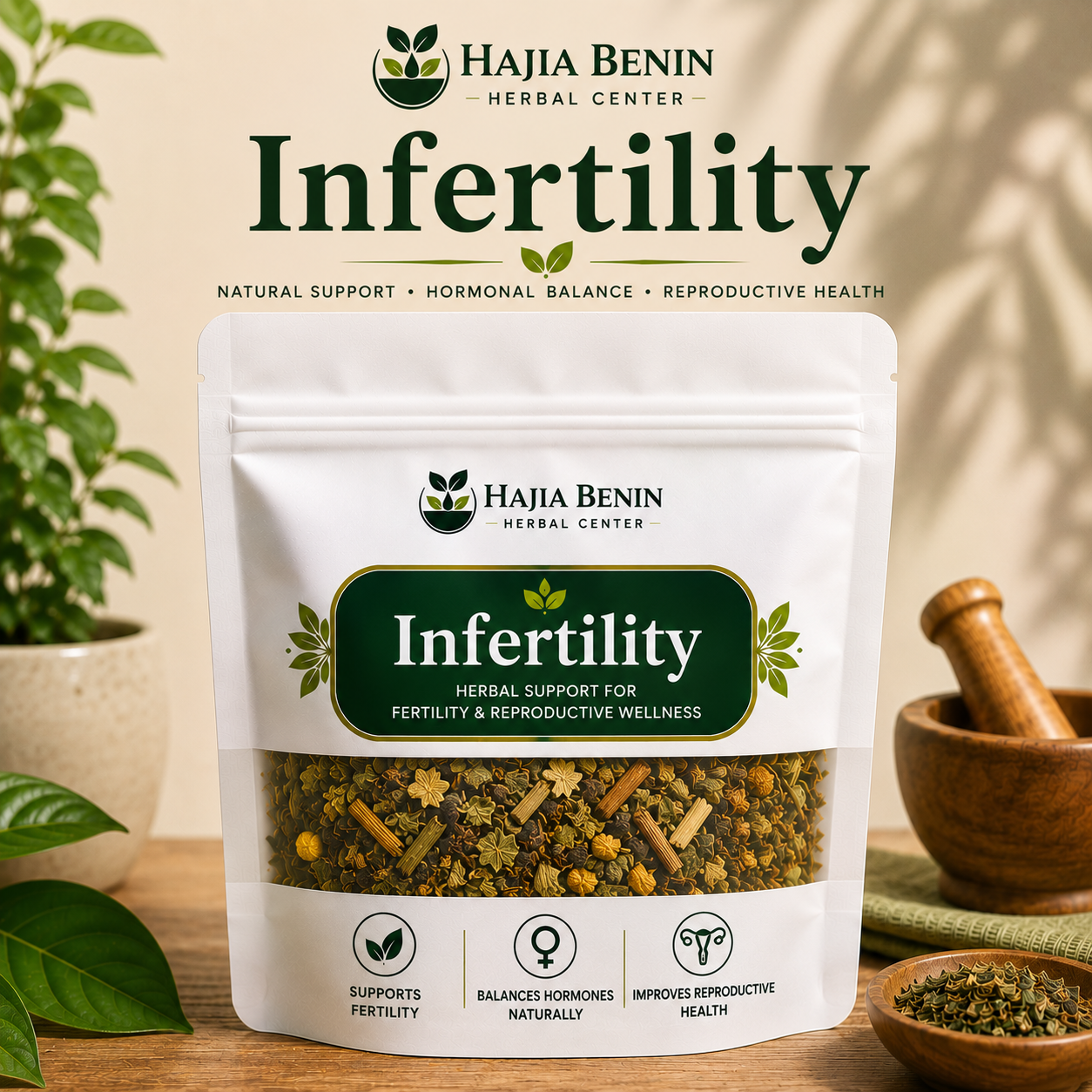 Hajia Benin Herbal Center Infertility herbal support pouch.