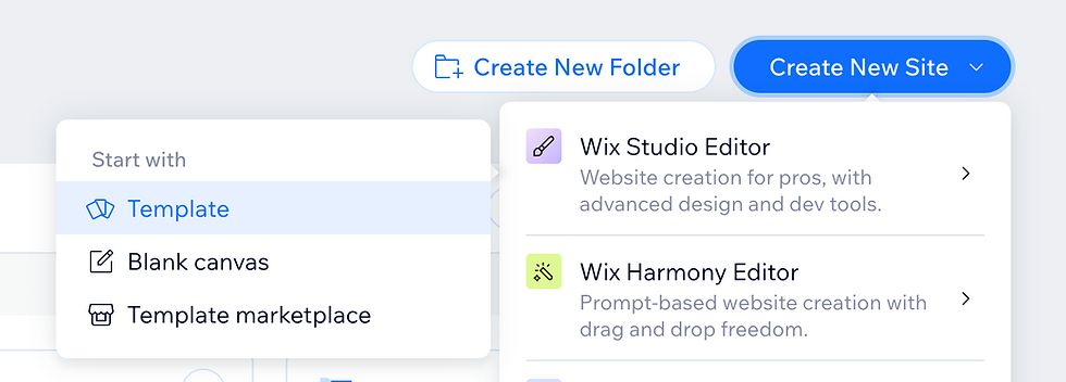 Wix dashboard menu for creating a site, with Create New Site open and Template selected; Studio and Harmony editor options shown.