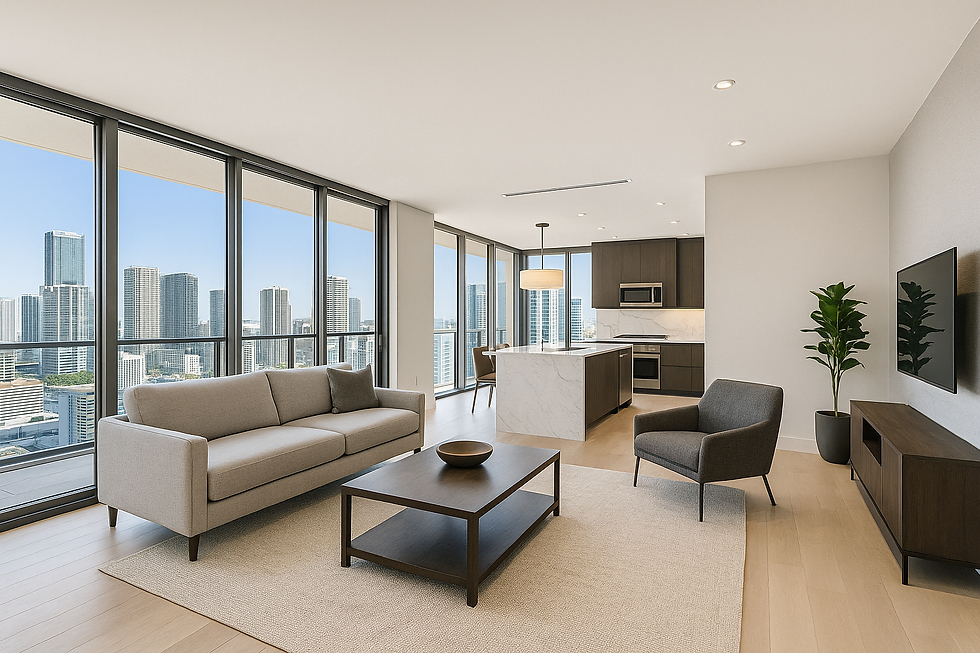 Modern living room with city view, sofa, chair, and kitchen, The Atelier Group.