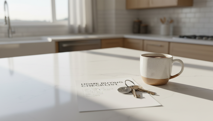 Close-up view of a kitchen counter with a printed home checklist and house keys
