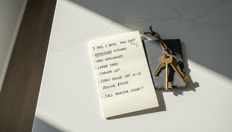 Overhead view of handwritten real estate listing notes beside house keys on a kitchen counter.