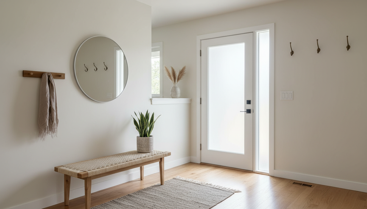 Eye-level view of a home entryway with fresh paint, clean floors, and simple welcoming details
