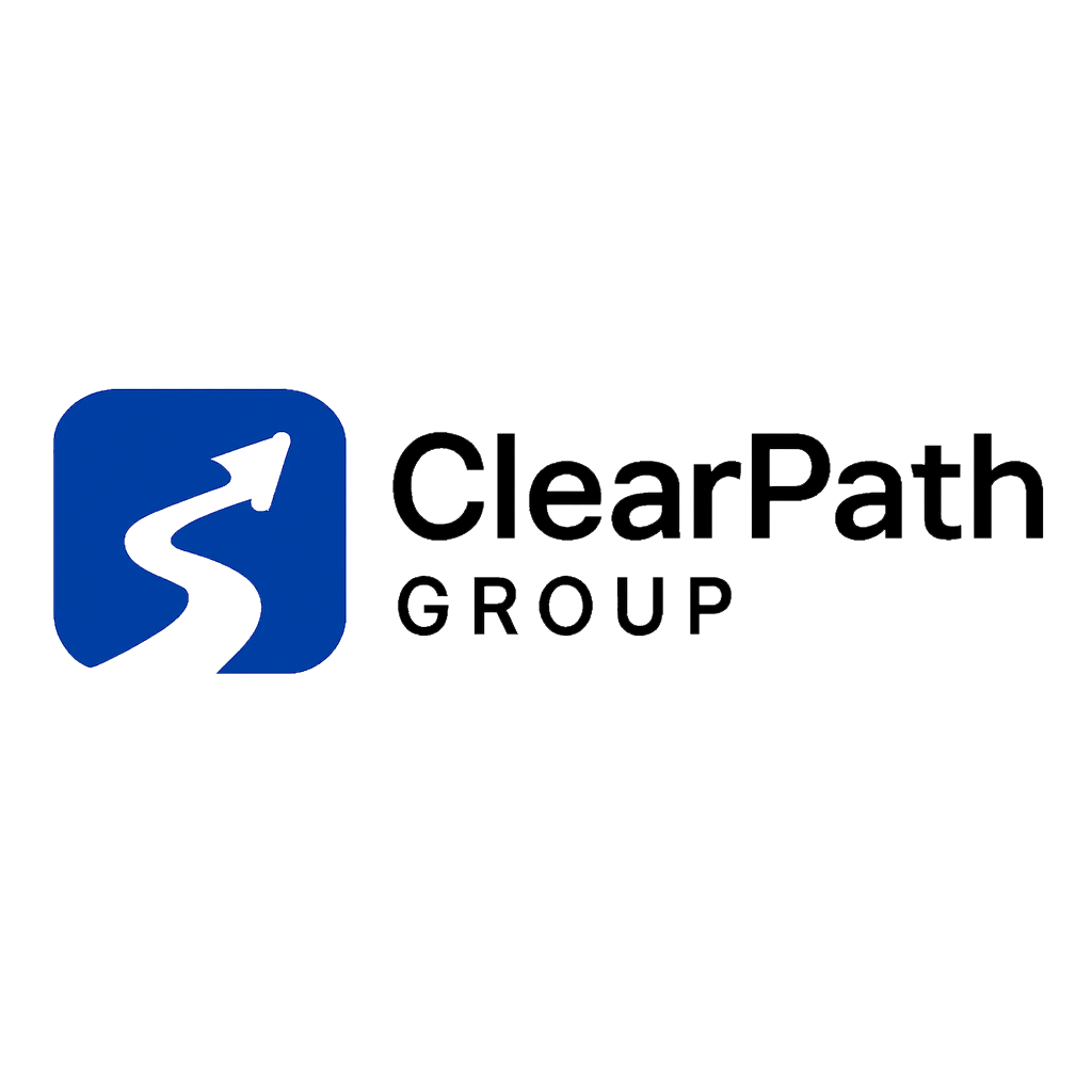 ClearPath Group logo with blue arrow, and text on a black background.