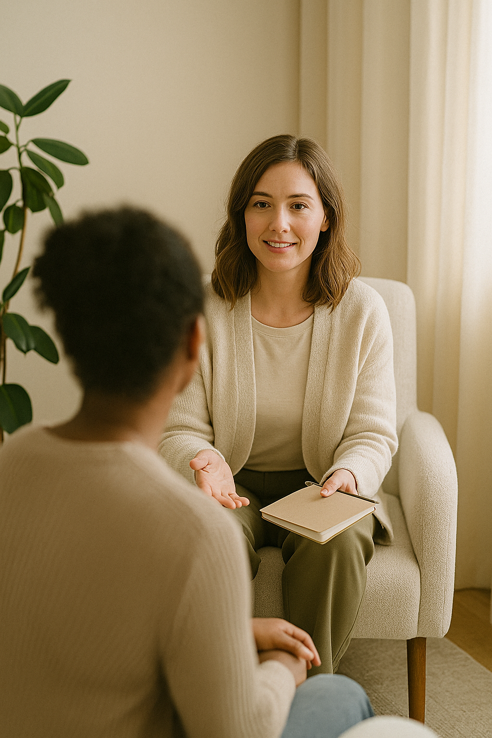 Therapist talking with patient in office, notebook in hand, Marlowe Therapy session.