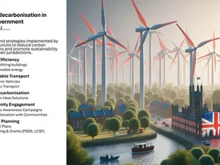 An AI-generated image showing a definition of decarbonization in local government alongside a scene with wind turbines, a river, houses, and a large building resembling the Houses of Parliament.