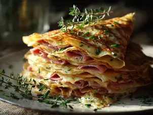 A stack of thin, perfectly cooked French crêpes, some gently folded to reveal layers of thinly sliced Reims ham, melted grated Comté cheese, and vibrant green chopped fresh chives. One crêpe is artfully placed on a simple, elegant white plate, perhaps with a sprig of fresh herbs as a garnish. The background is soft and slightly blurred, suggesting a cozy, sunlit kitchen or a charming French bistro setting. Emphasize the delicate texture of the crêpes, the richness of the filling, and the freshness of the herbs. The lighting should be warm and inviting, highlighting the golden tones of the crêpes and cheese. High resolution, food photography style, focus on natural light and a rustic-chic aesthetic