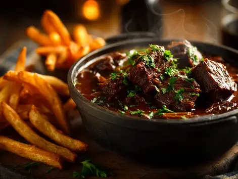 A rustic and inviting close-up of a steaming bowl of Carbonade Flamande, showcasing tender chunks of dark beef in a rich, glossy, deep brown beer sauce. The stew is garnished with fresh, vibrant green chopped parsley. Alongside the bowl, a small, perfectly golden pile of crispy, hand-cut French fries (frites) is artfully arranged. The setting is warm and cozy, perhaps on a wooden table with a checkered linen, bathed in soft, warm, natural light that highlights the textures and colors. A subtle hint of a dark Belgian beer bottle or glass in the blurred background. Focus on comfort, warmth, and the deliciousness of a slow-cooked meal.