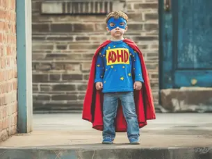 A young child dressed as a superhero with a red cape and a blue shirt featuring "ADHD" as an emblem, standing confidently in front of a brick building.