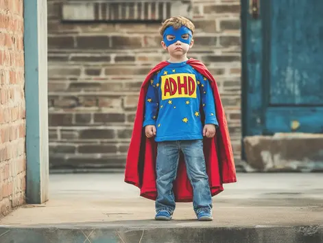 A young child dressed as a superhero with a red cape and a blue shirt featuring "ADHD" as an emblem, standing confidently in front of a brick building.