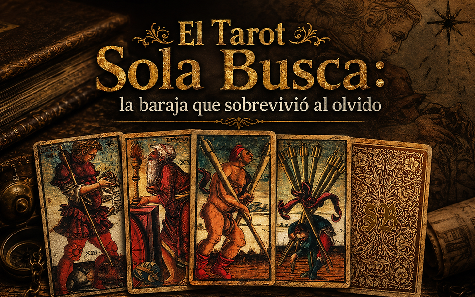 Vintage tarot cards on a sepia table, titled El Tarot Sola Busca, with la baraja que sobrevivió al olvido in gold text.