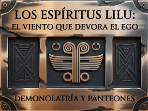 Una portada de bronce fundido y hierro forjado, cuya textura evoca la aspereza de la piedra babilónica. En la parte superior, grabado con letras angulares y severas, se lee el título: "Los Espíritus Lilu: El Viento que Devora el Ego". En el centro, un sigilo sumerio de los vientos del umbral se destaca en bajorrelieve. En la base, la inscripción "Demonolatría y Panteones" sella el diseño con la fijeza de un decreto inmutable.