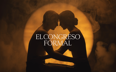 Cinematic occult editorial cover, solemn and spiritual, depicting two robed ritual practitioners seated face to face in a prolonged formal embrace, bodies respectfully covered, arms gently interlocked, foreheads close but not eroticized, surrounded by a dim temple chamber lit by candles and deep amber light. Between their chests floats a subtle radiant sphere of golden-white energy, formed by breath, heartbeat, mantra vibration and sacred geometry. Around them, a silent ritual circle of robed magicians stands in reverent stillness, holding the space without voyeurism, like guardians of a sacred operation. Atmosphere of sacred intimacy, discipline, spiritual offering, ceremonial magic, tantric restraint, esoteric solemnity, no nudity, no sensual pose, no erotic mood. Dark stone temple, incense smoke, sigils faintly glowing on the floor, cinematic lighting, deep shadows, volumetric light, realistic fantasy art, elegant mystical composition, high detail, 16:10 landscape. Title integrated