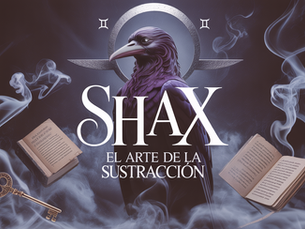 Cinematic occult book cover, dark violet and silver palette, a mysterious marquis demon inspired by Shax standing in a liminal mist, elegant raven-like and stork-like features, silver crescent moon, Gemini air symbolism, jasmine incense smoke, ancient grimoires, hidden keys, veiled eyes and muted mouths as symbolic motifs, atmosphere of strategic silence and forbidden knowledge, dramatic chiaroscuro lighting, high detail, mystical realism, 16:10 landscape composition. Place the Spanish title in large elegant serif letters at the center: “Shax: El Arte de la Sustracción”. No extra text.