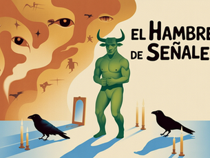 Surreal poster with a green horned figure, crows, candles, mirror, and abstract faces; text reads EL HAMBRE DE SEÑALES