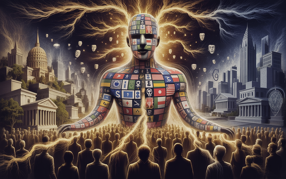 Surreal crowd before a giant patterned head between orange and blue cityscapes; title text LA EGREGIORCÍN, moody and futuristic