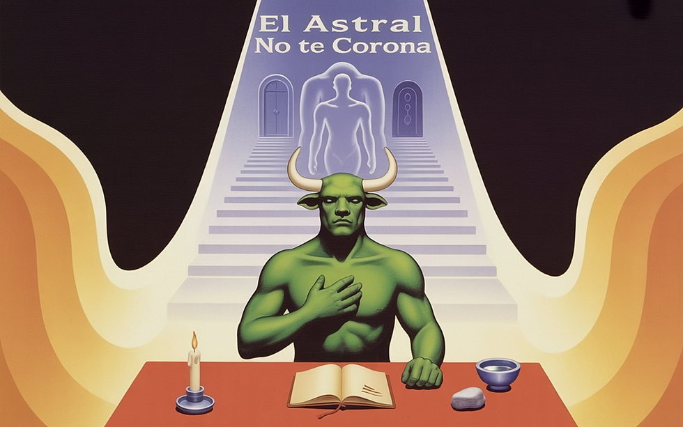 Green bull-headed figure sits at a red altar table with candle, open book, bowl and stone; Spanish text says El Astral No te Corona
