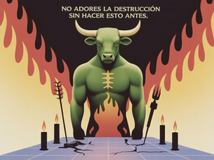 Poster of a green bull-headed figure amid flames and candles, with Spanish text warning against worshiping destruction.