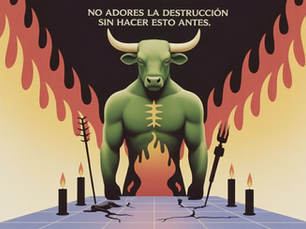 Poster of a green bull-headed figure amid flames and candles, with Spanish text warning against worshiping destruction.