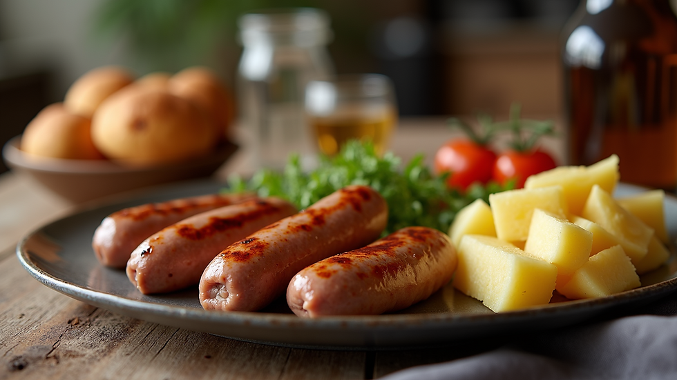 Close-up of a traditional German meal with sausages and potatoes