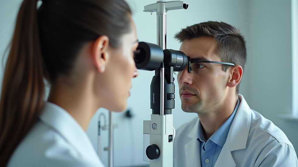 Eye-level view of optometrist performing eye exam with lens equipment