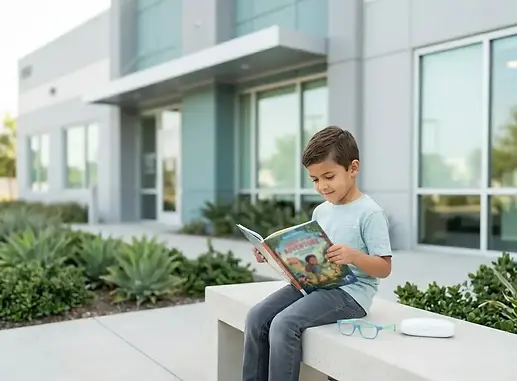 Niño con gafas de control de miopía Stellest durante revisión optométrica en Mairena del Aljarafe