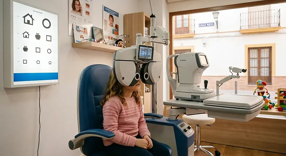 Niña realizando un examen visual optométrico infantil en Óptica PISA, Mairena del Aljarafe