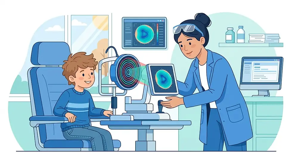 Optometrista realizando topografía corneal a un niño para adaptación de ortoqueratología en Mairena del Aljarafe
