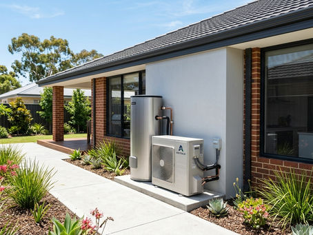 Modern heat pump hot water system installed outside a modern Perth residential home in bright Australian sunlight.