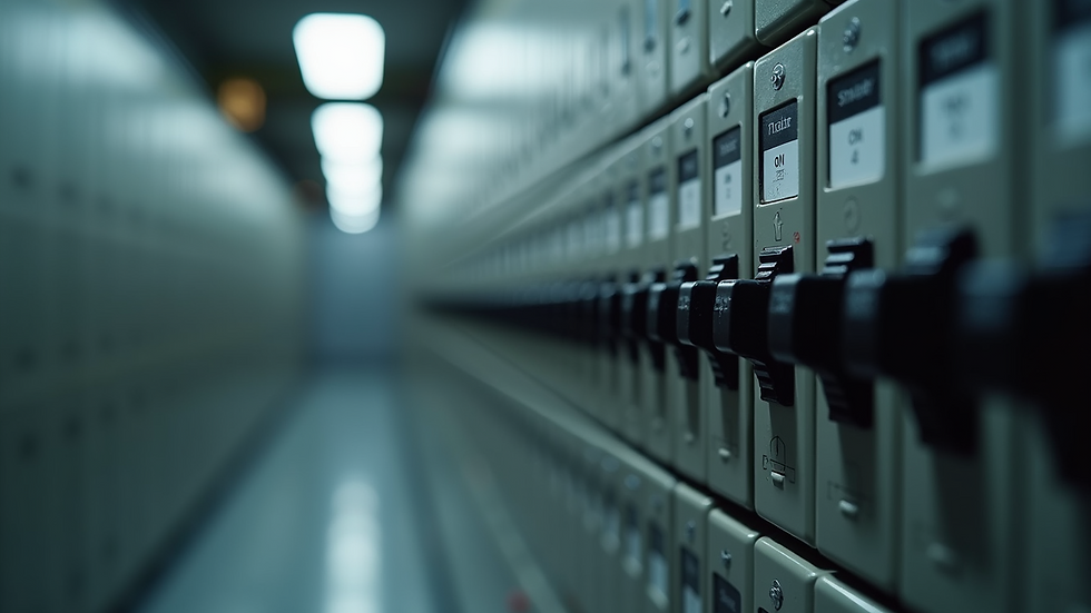 Eye-level view of a circuit breaker panel with switches