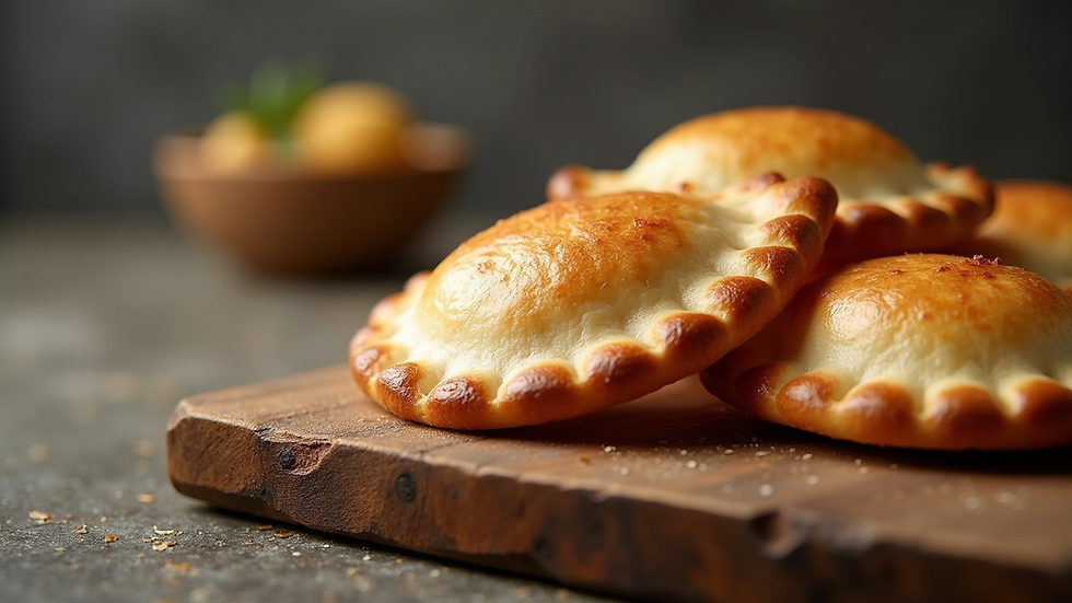 Close-up view of freshly baked artisan empanadas on a wooden board