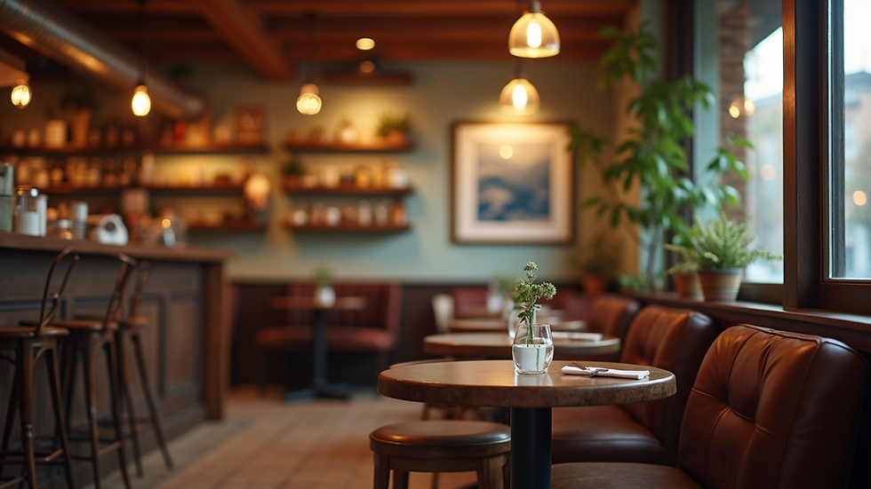 Eye-level view of a cozy café interior with a warm ambiance