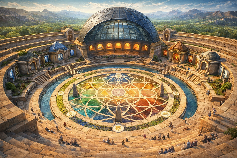Eye-level view of a glowing geometric structure representing time patterns