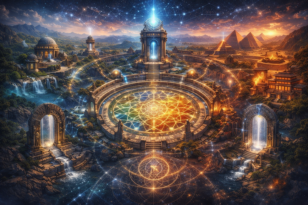 A visual representation of the Trinity Field: a unified system where ancient civilizations, sacred geometry, natural elements, and modern cosmology reflect the same underlying structure. Different environments. Different languages. Same pattern
