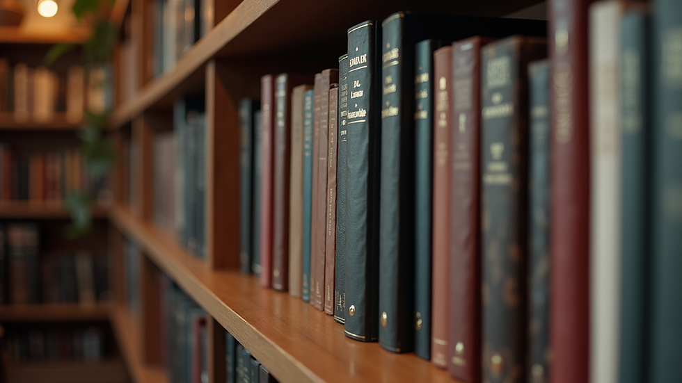 Eye-level view of a bookshelf filled with various books