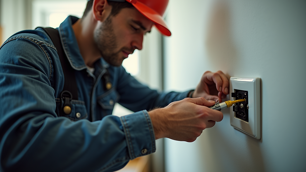 Eye-level view of electrician wiring a residential electrical outlet