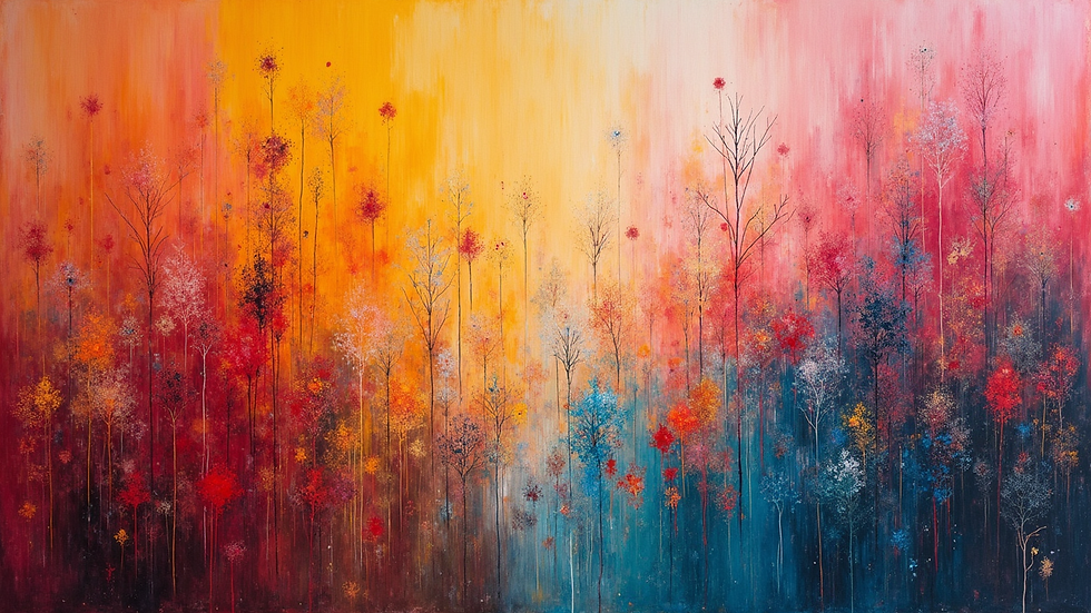 Eye-level view of a vibrant abstract painting blending natural elements