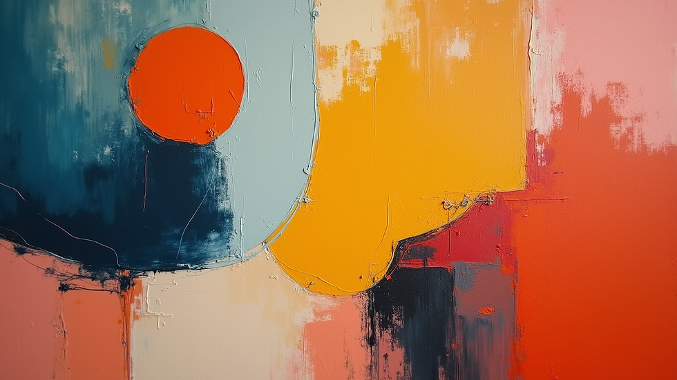 Close-up view of an abstract painting with bold colors and organic shapes